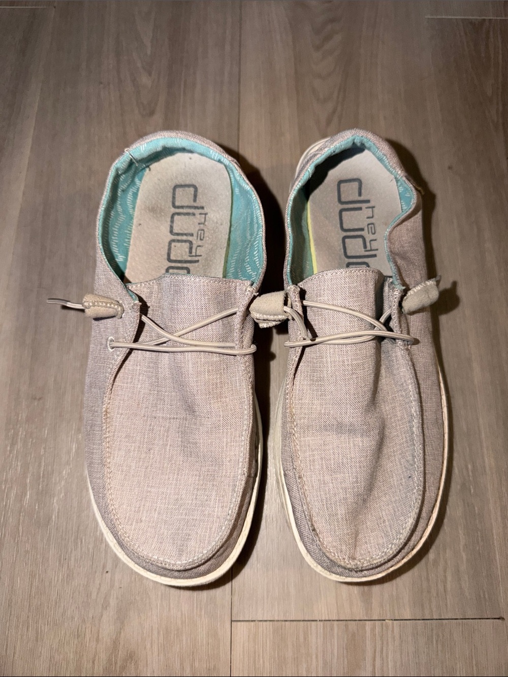 Hey Dude Linen Slip-On Loafers in Light Beige with Aqua Liner